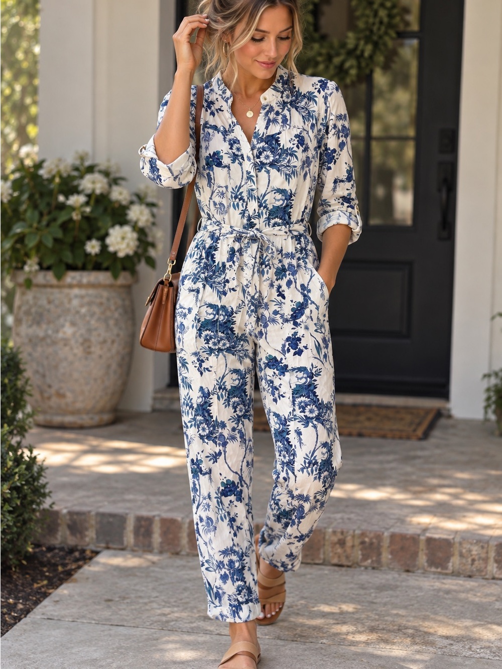 Anthropologie Cream and Blue Floral Tie-Waist Jumpsuit belt does have mark